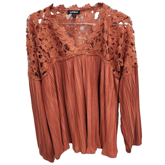 Express Tops - Express Womens BOHO Blouse Top Small Orange Crochet Long Sleeve Festival
